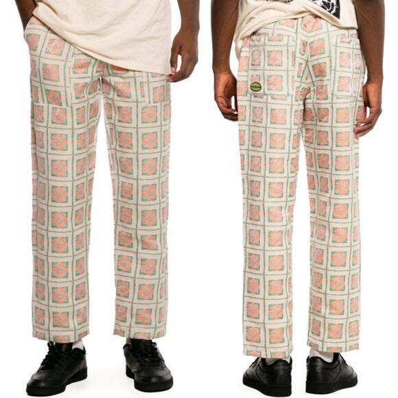 Pleasures Slippy Easy Pant Tapestry Floral Jaquard Pull On Drawstring In Cream L